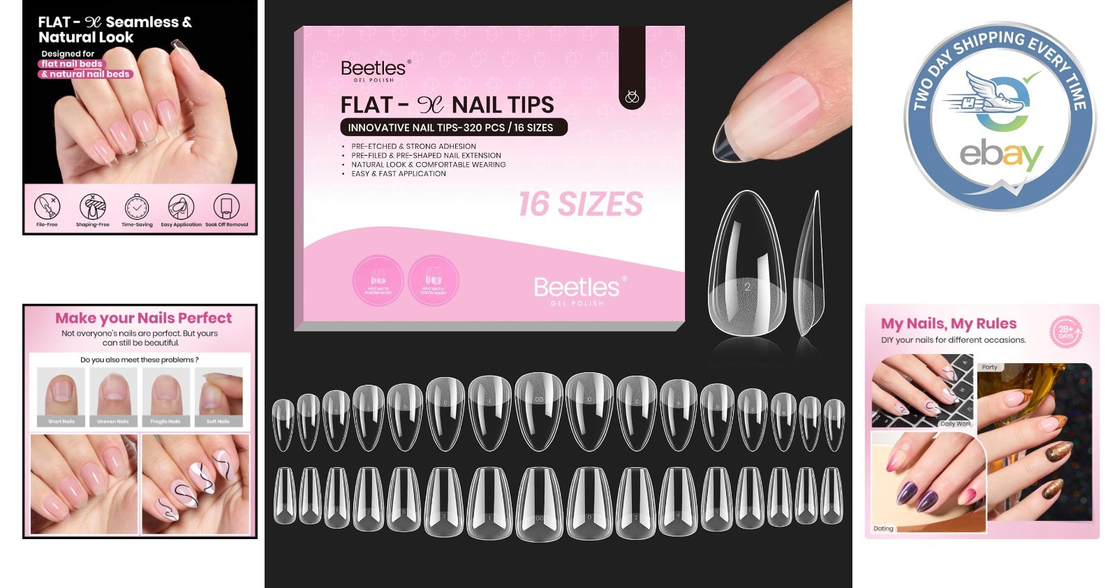 320 Pieces Half Matte Gel Nail Tips – Beetles Flat-X Short Almond Coffin Design