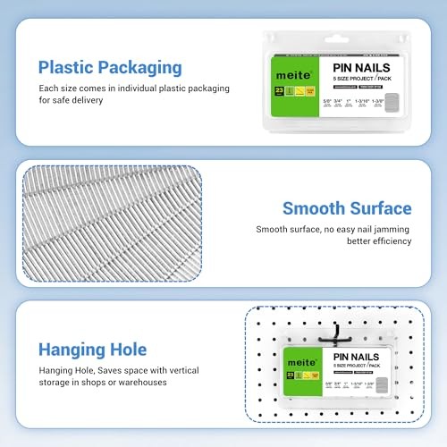 meite 23 Gauge Pin Nails – Assorted 5 Sizes (5/8″ to 1-3/8″), 10,000 Count Galva