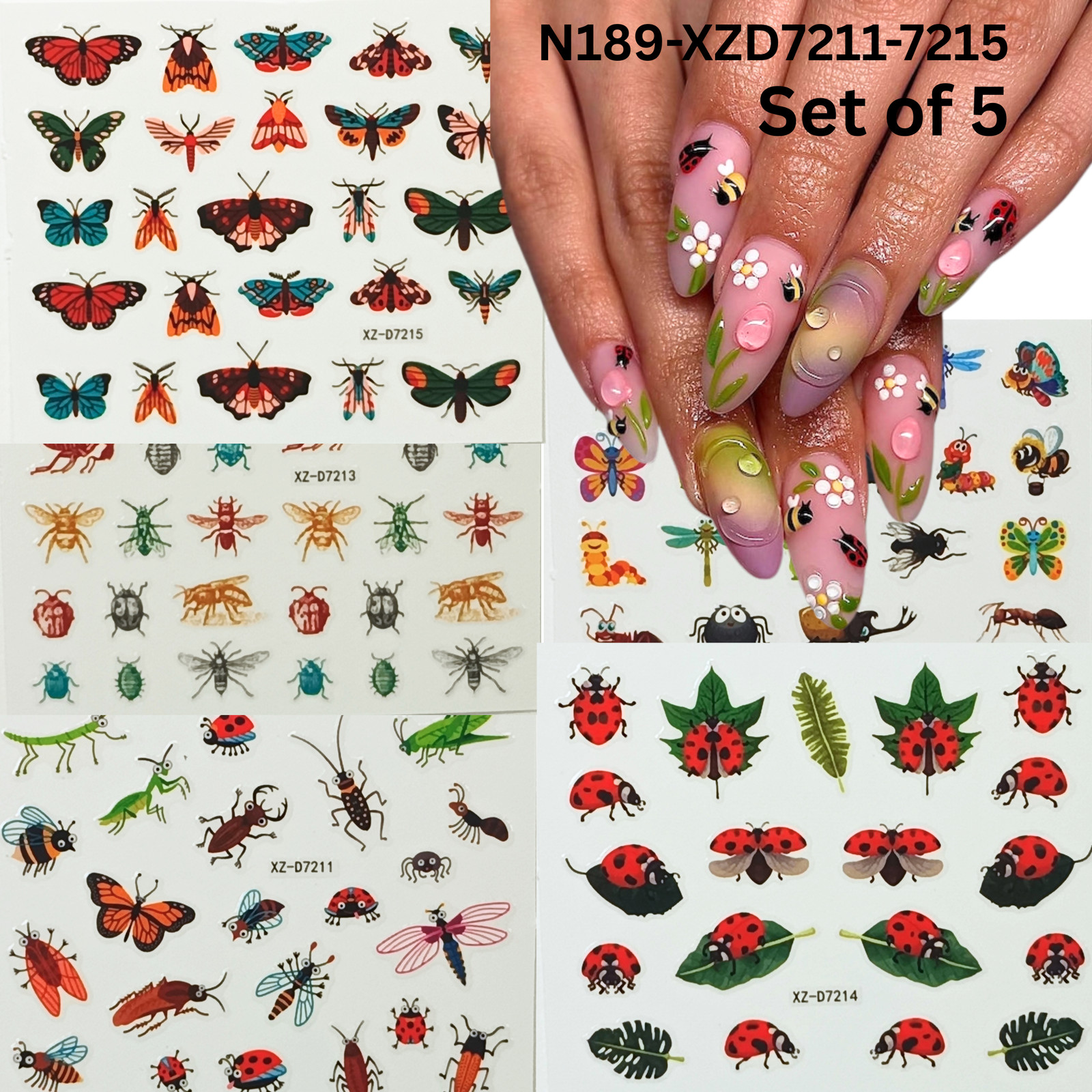 Set of 5 Insect & Butterfly Nail Art Stickers – Easy to Apply & Long Lasting