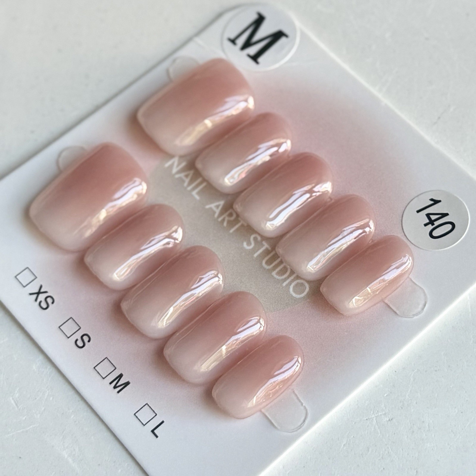 Handmade Pink White Ombre Press-On Nails Short Square Size M Reusable Fake Nails