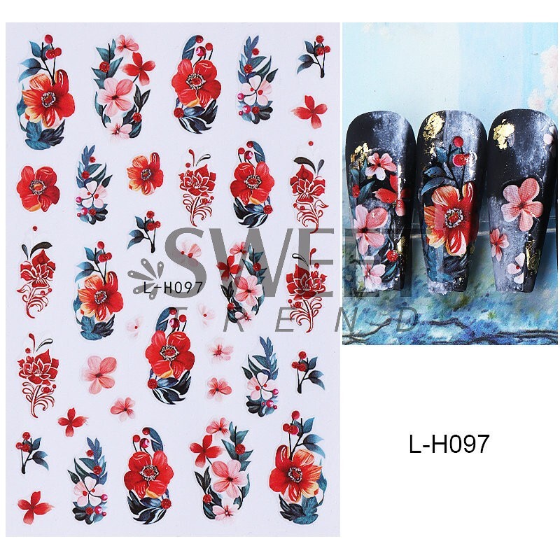 3Sheets Red Nail Art Stickers Decals Hibiscus Cherry Flowers Floral Wasp NH28