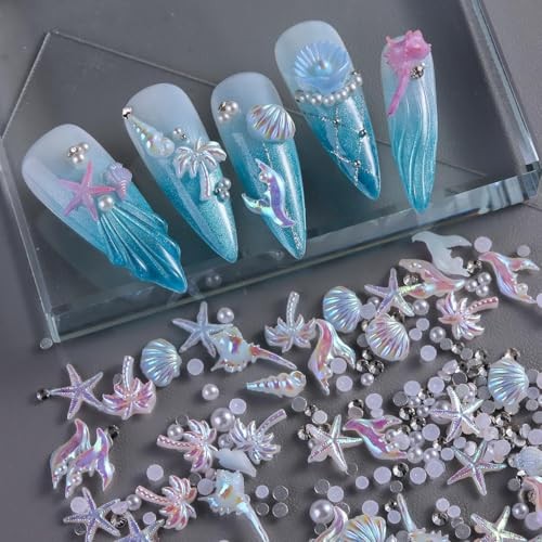 12 Grids 3D Aurora Ocean Nail Charms Summer Beach Nail Rhinestones Set with