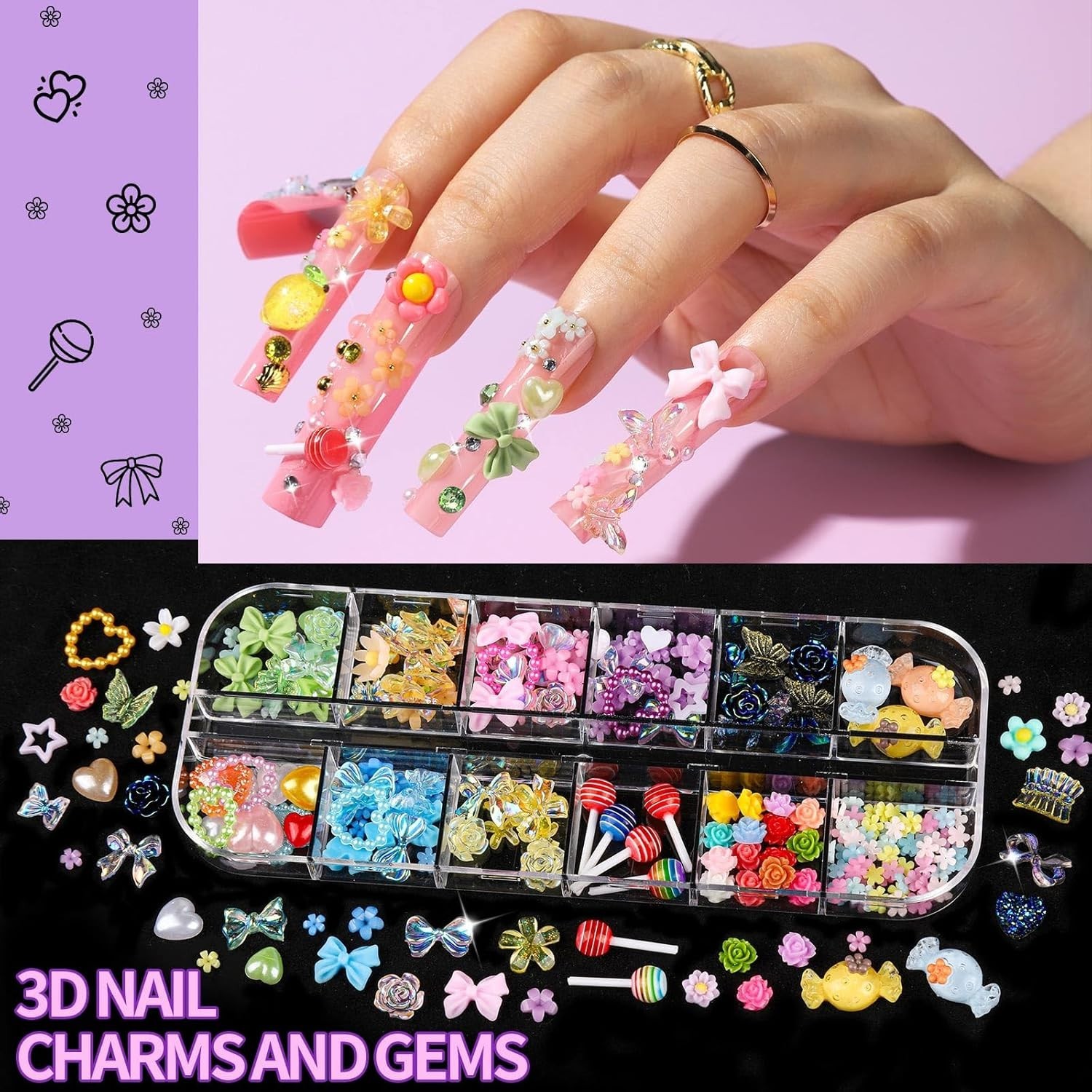 Nail Charms and Gems, 8 Boxes Nail Art Kit for Design, Multi-Shape Rhinestone…
