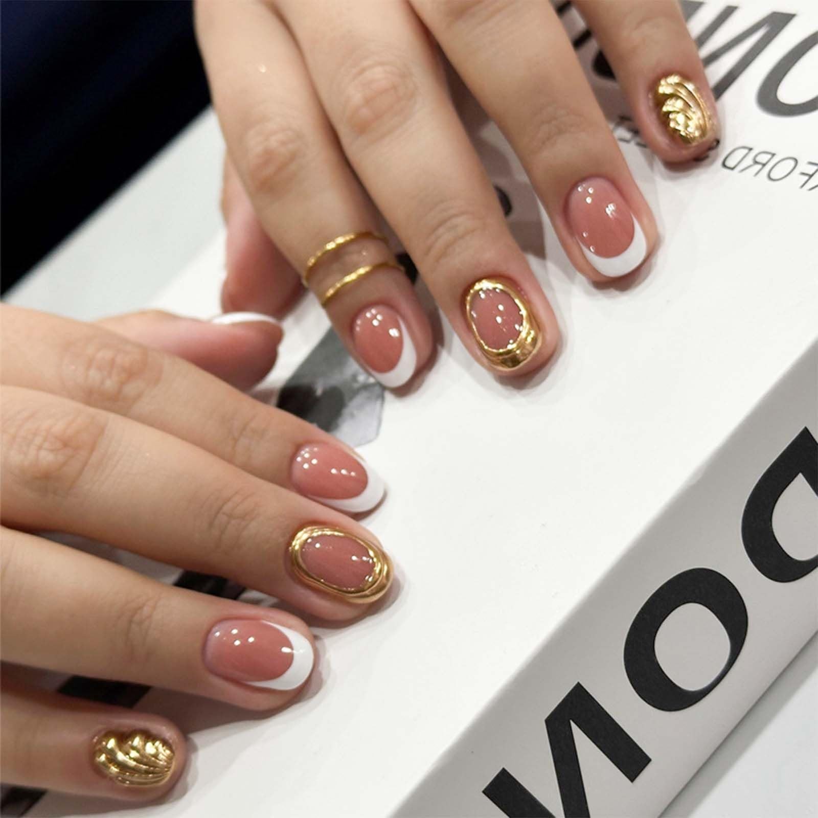 24Pcs White French Tip Press on Nails Short Round Fake Nails Circle Gilding E…