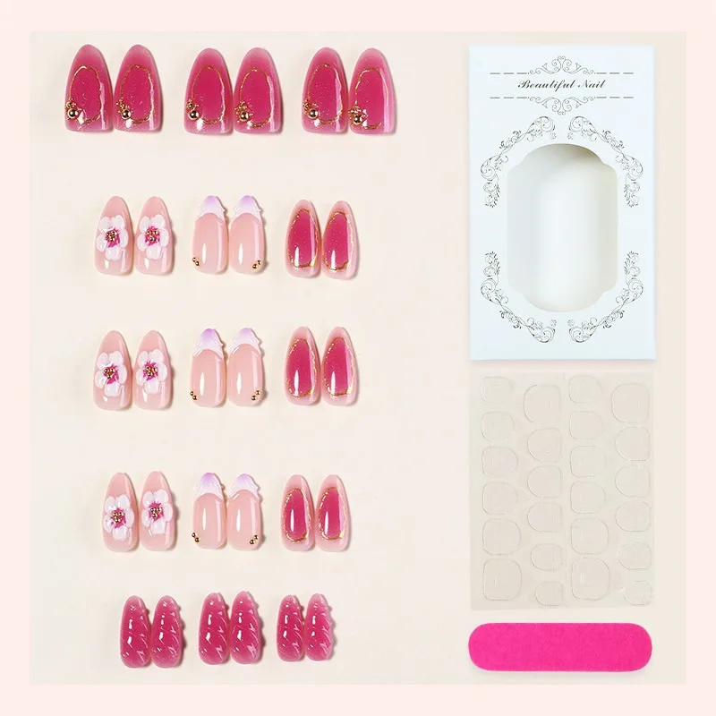 30pcs French Press on Nails:3D Flower Pearl Bow Almond Fake Nails