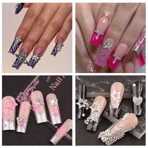 120+ Pcs Star Nail Charms Inlaid Rhinestones Gems Star Planet Cross Nail Silver