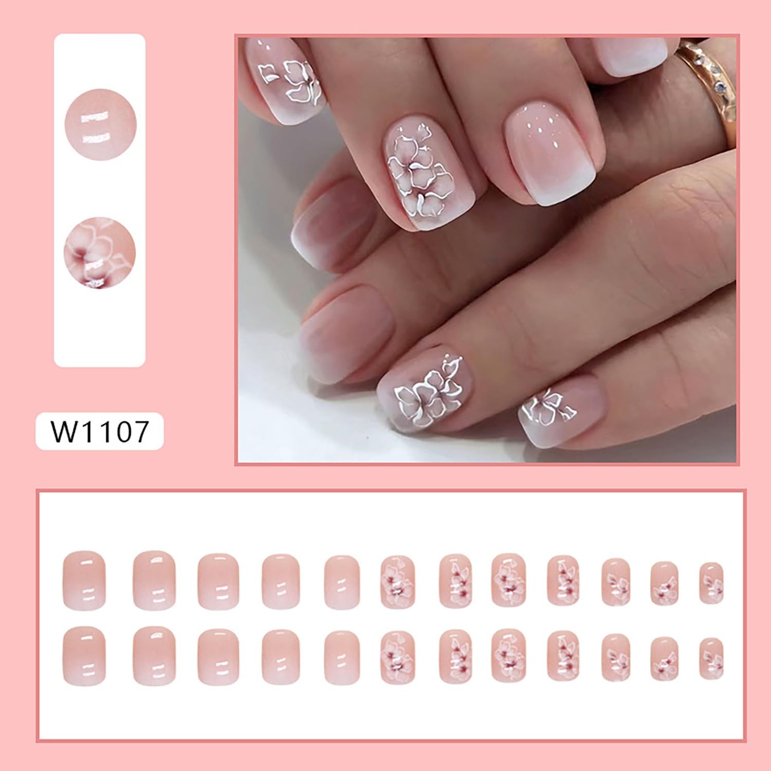 Vezocim Nude White Gradient Press on Nails Square Short Sets, 24Pcs Glossy Ar…