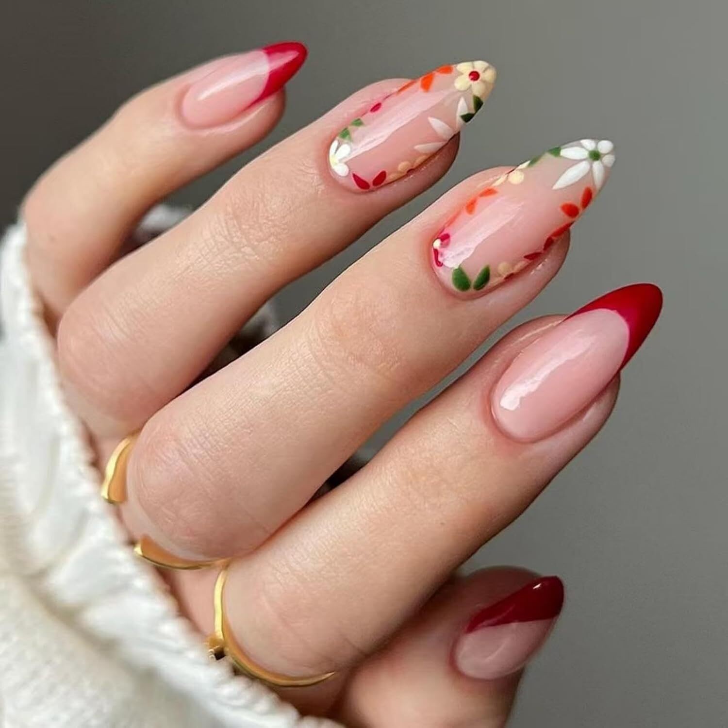 White French Tip Press On Nails Medium Almond 5D Flower Pearl Fake Nail Set