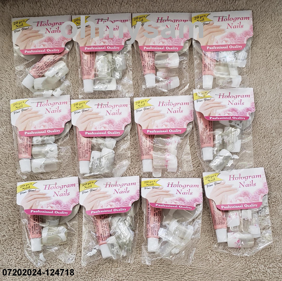 12 x NEW SET OF 20 ARTIFICIAL FINGER NAIL TIPS FRENCH HOLOGRAM DES FULL SIZE A
