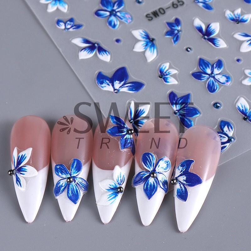 Blue Lace Floral Flowers Nail Art Stickers Embossed Decals DIY Nail Design NS52
