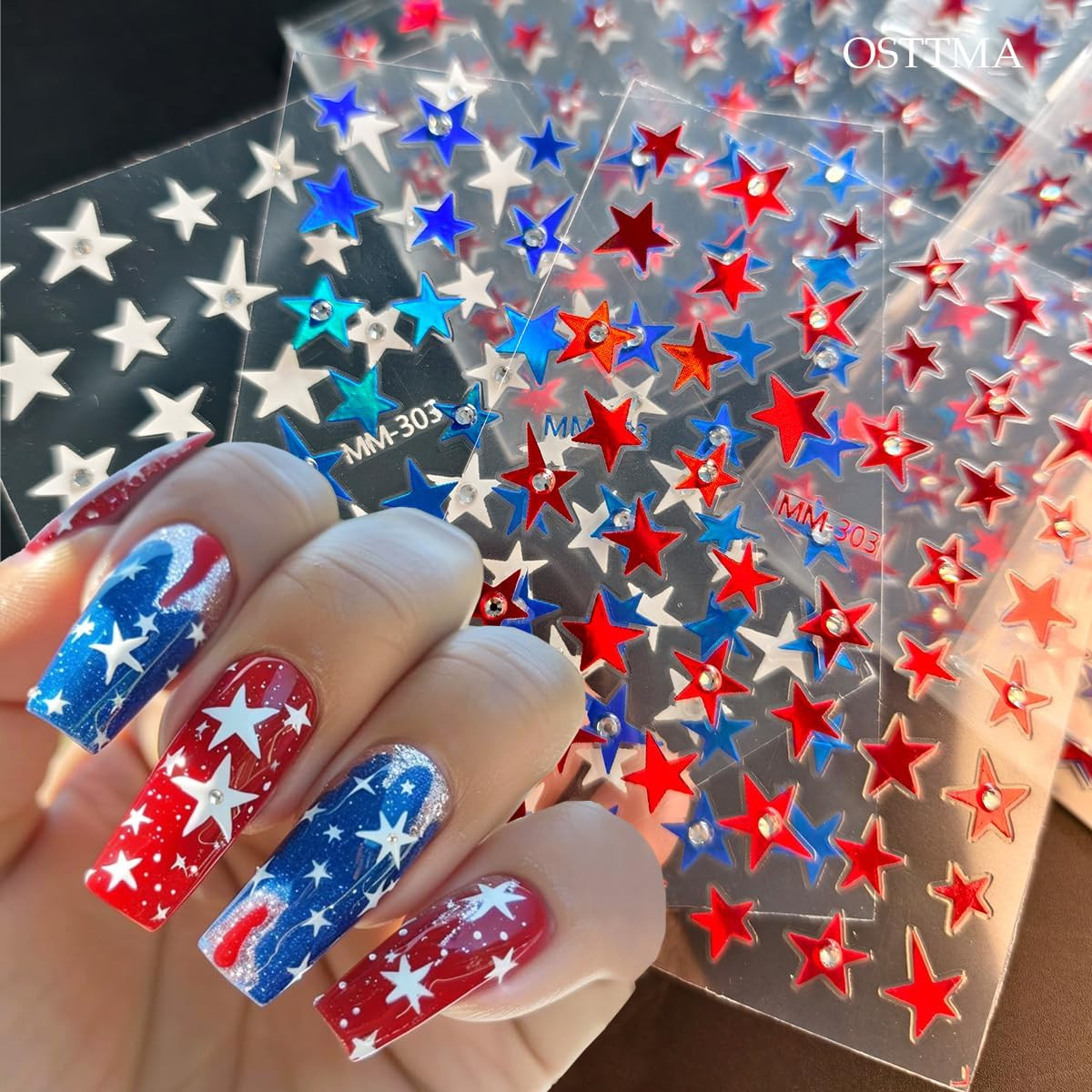 Independence Day Nail Stickers for Nail Art, Shiny Star Nail Decals Rhinestones
