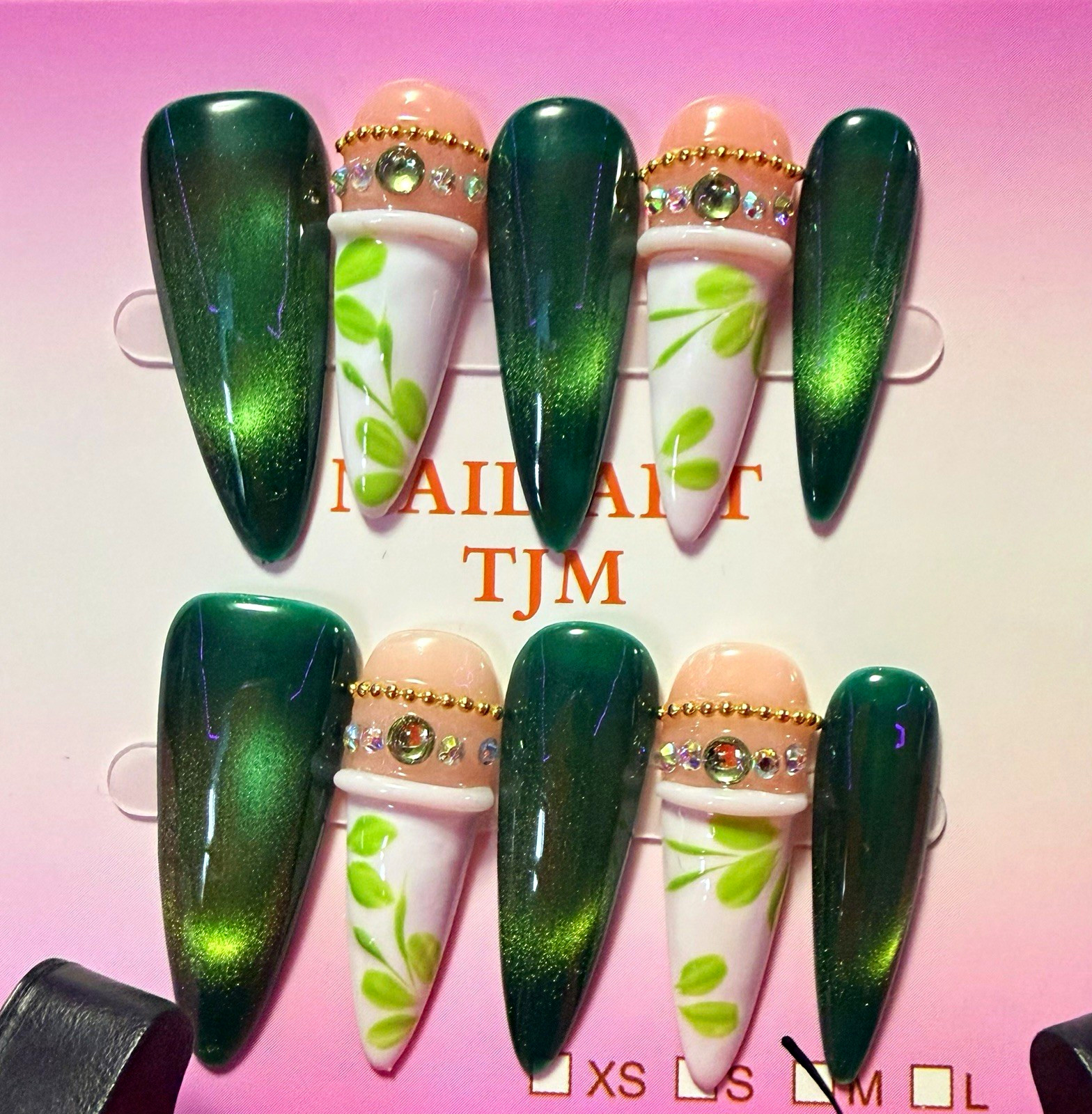Green/White Shiny 3D Leaves Stiletto Press-On Nails, Long, Pre-Designed