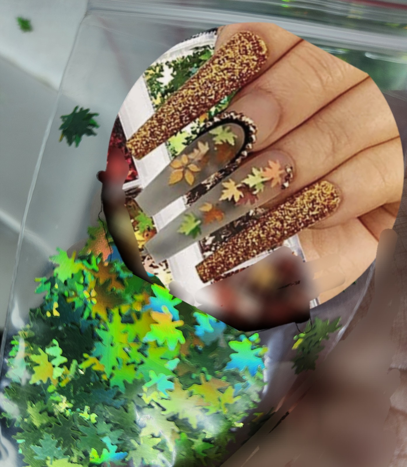 Maple Leaf Nail Art Glitter HALO Flakes Leaves Autumn 1tsp, Green Color