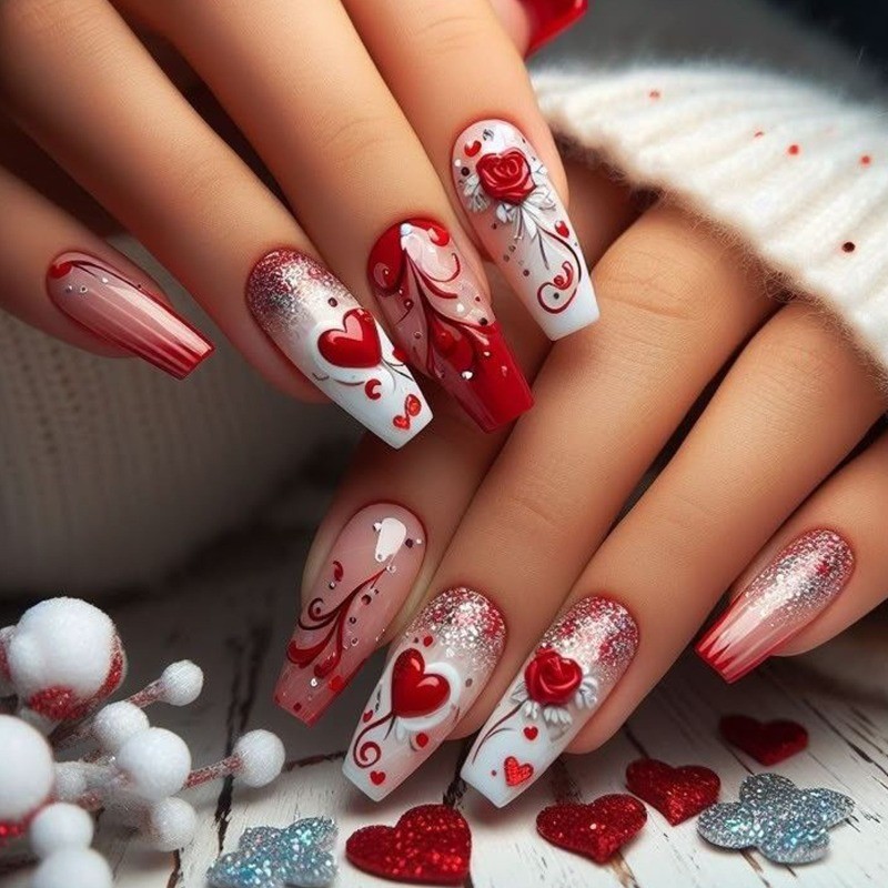 48PCS Bare White Ballet Gradient Red Heart Reusable Nail Art