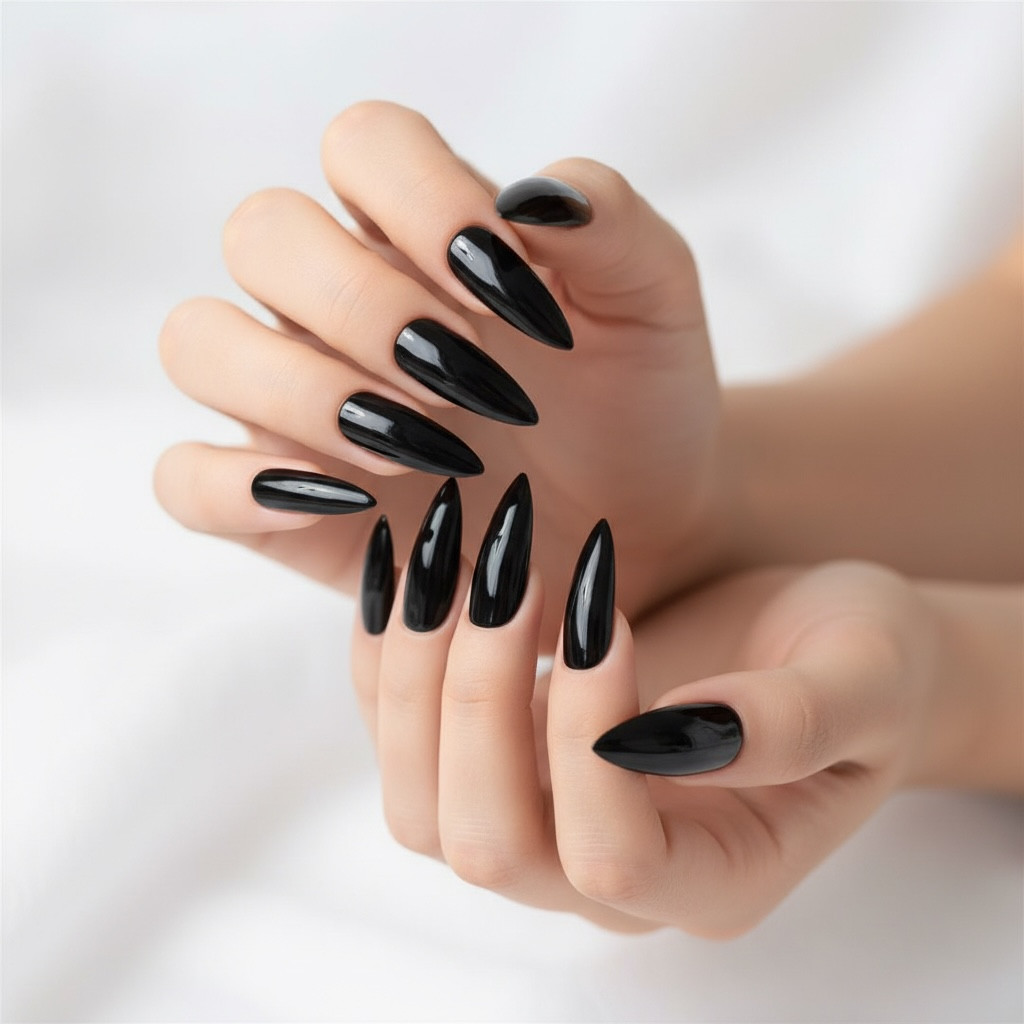 Black Glossy Halloween Design Sharp Stiletto Extra Long Press On False Nails