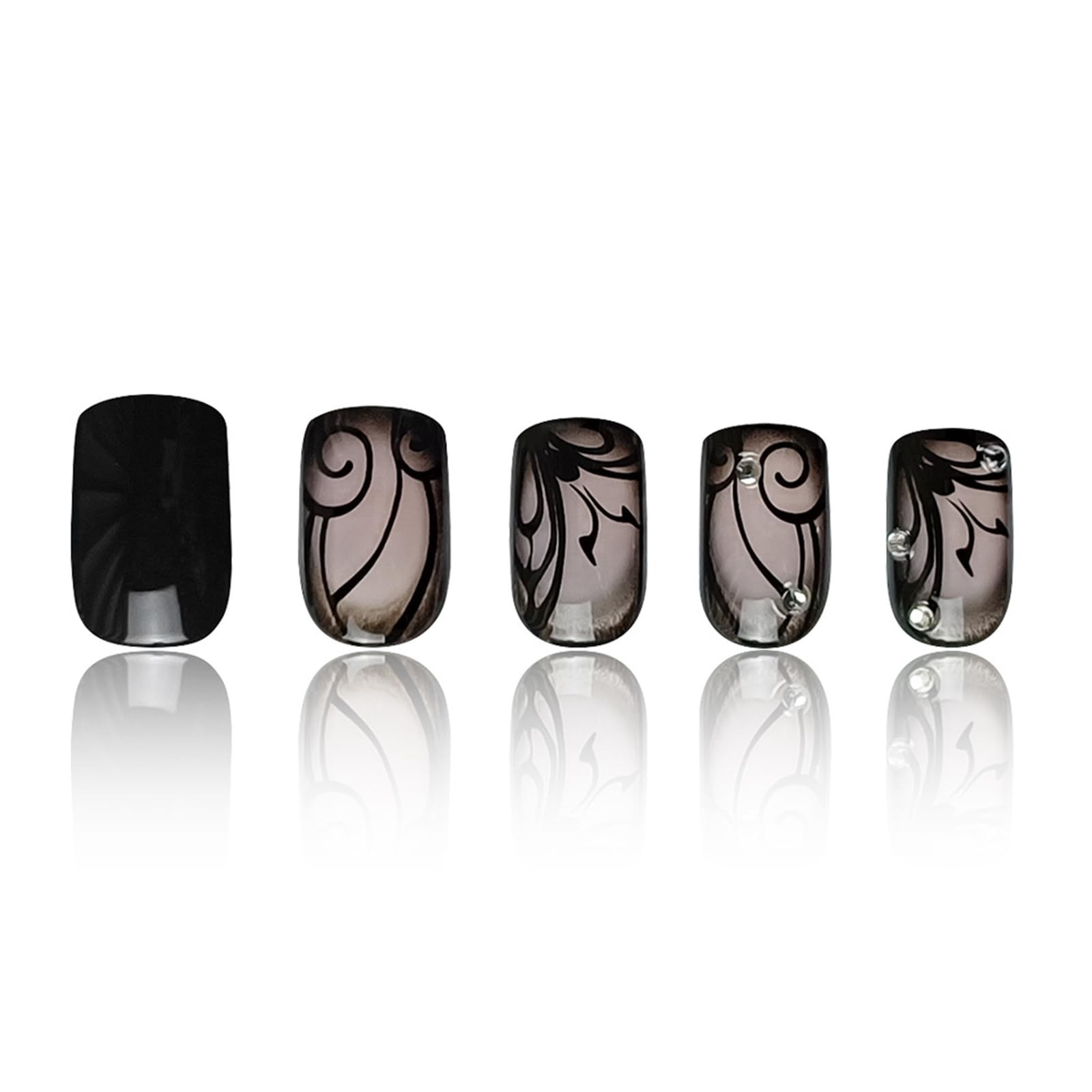 French Short Press On Nails, Halloween Black Vine Square Short,