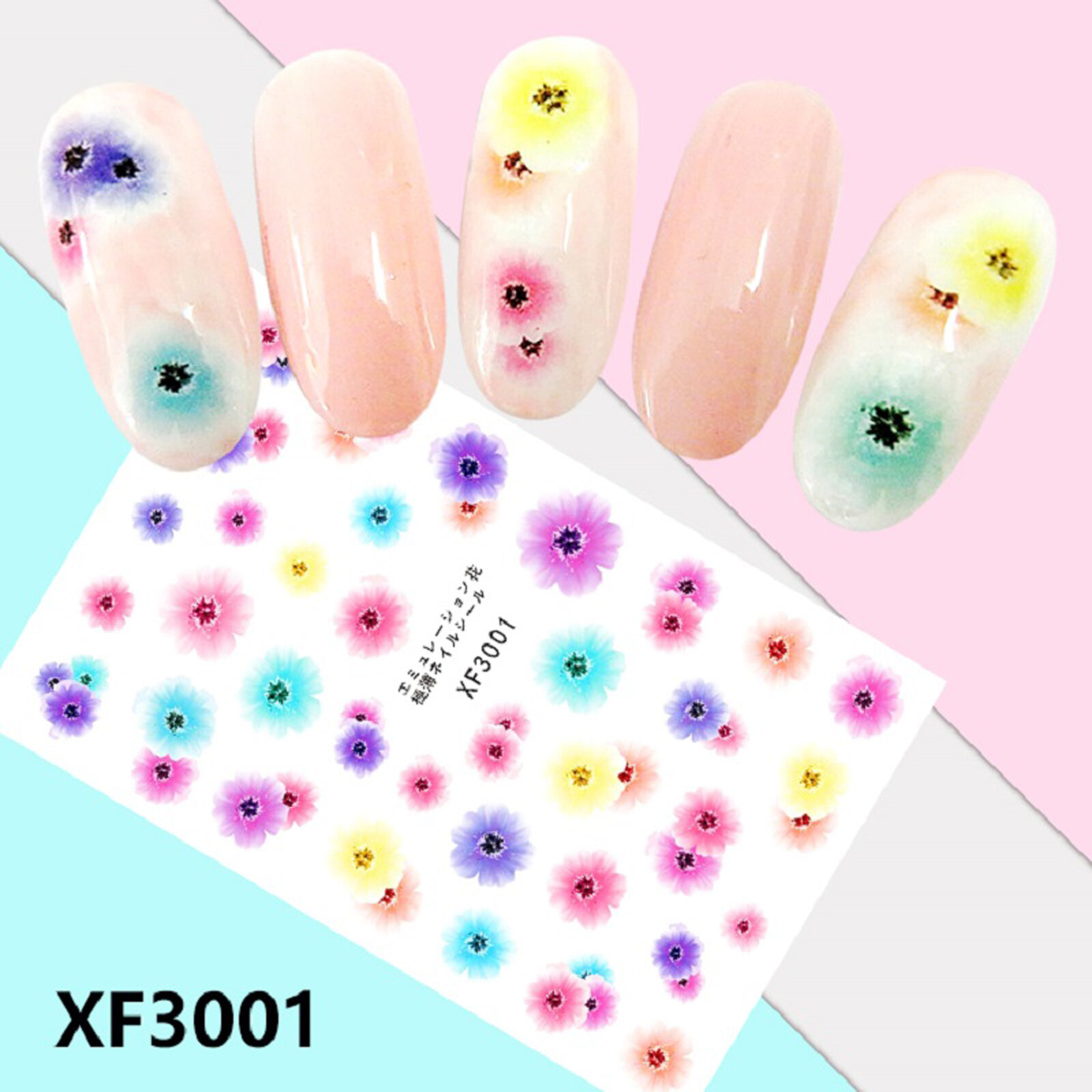 Nail Art 3D Decal Stickers beautiful pink blue yellow purple flower XF3001