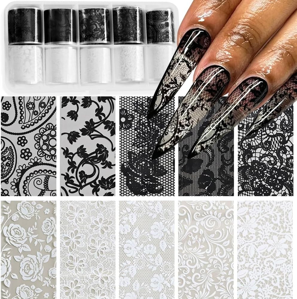Lace Nail Foil Sheets, 10 Rolls Black White Flower Nail Foils Transfer Nail Art