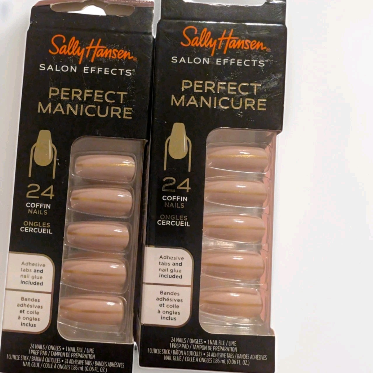 Lot 2 Sally Hansen Press On Coffin Nails Nude Gold Stripe Meet Me in the Metal