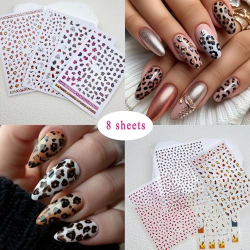 8 Nail Stickers 3D self-Adhesive French Nail Stickers Hibiscus Leopard Print