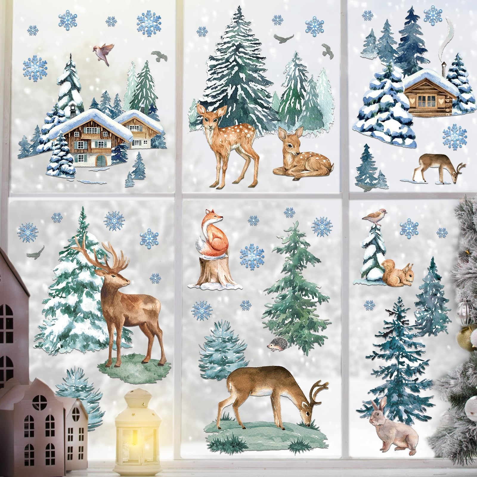94Pcs Winter Window Decals – Christmas Tree & Reindeer Window Stickers for Gl…
