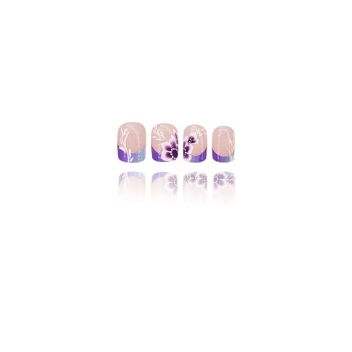French Tips Press on Nails Purple Flower Fake Nails with Purple Ombre Flower