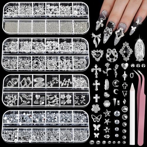 Nail Charms and Gems Kit, 4 Boxes Nail Gems Rhinestones for Nails, 3D Silver