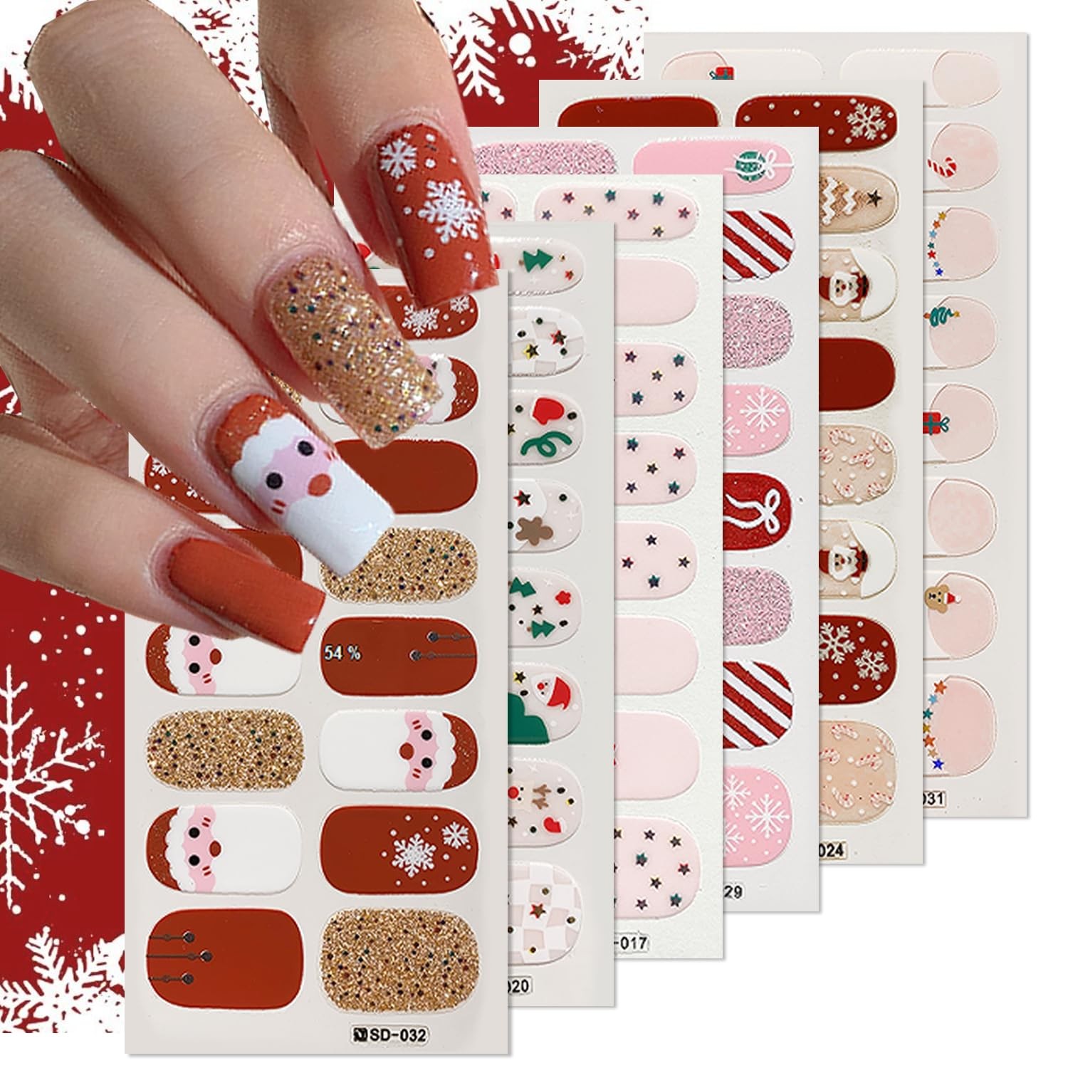 6Sheets Christmas Nail Strips Christmas Tree Full Nail Wraps Stickers Santa C…