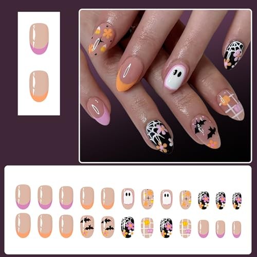 Halloween Fake Nails Almond Press On Nails Short French Tip halloween-designs10