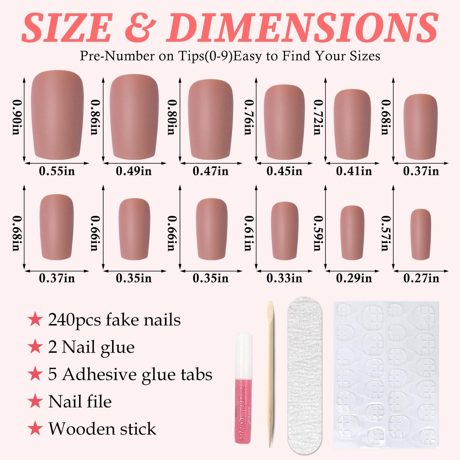 240pc Matte Square Press on Nails Medium Glue on Nails Brown Fake Nails Mediu…