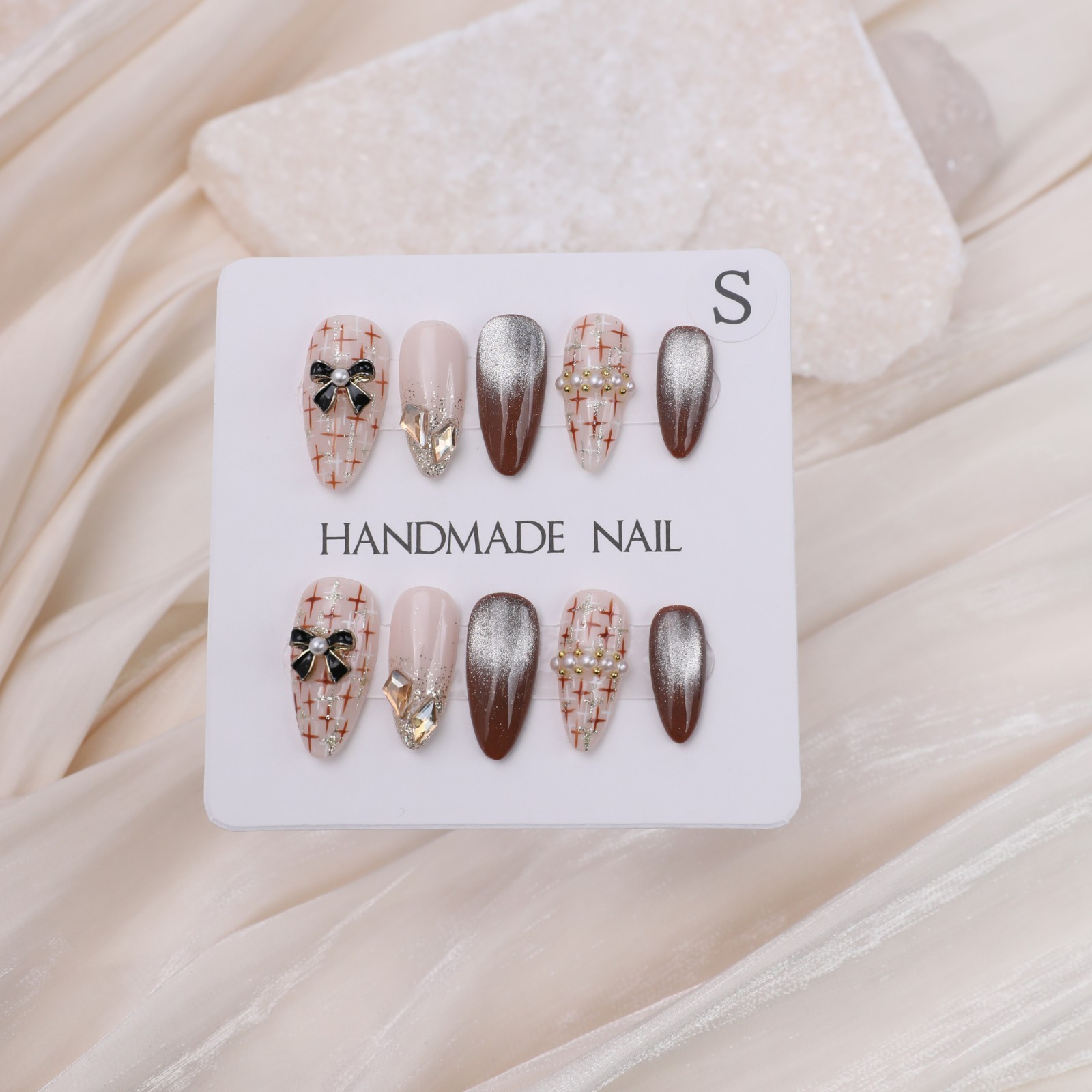 Medium Almond Press On Nails Nude Brown Plaid Bow Pearl Glitter Party Nail Set