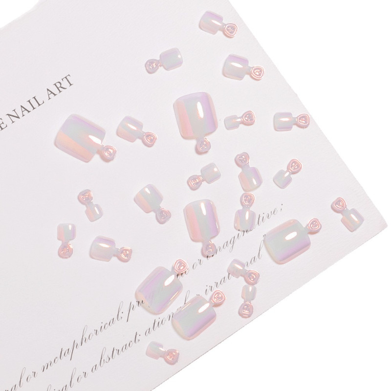 48pcs Short Square Toe Press on Nails, Pink Rose Mirror Solid Foot Nails