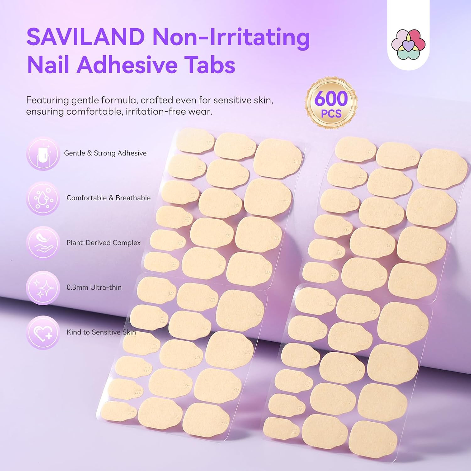 Plant-Based Nail Adhesive Tabs: 600 PCS Non-Irritating Nail Stickers for Press O