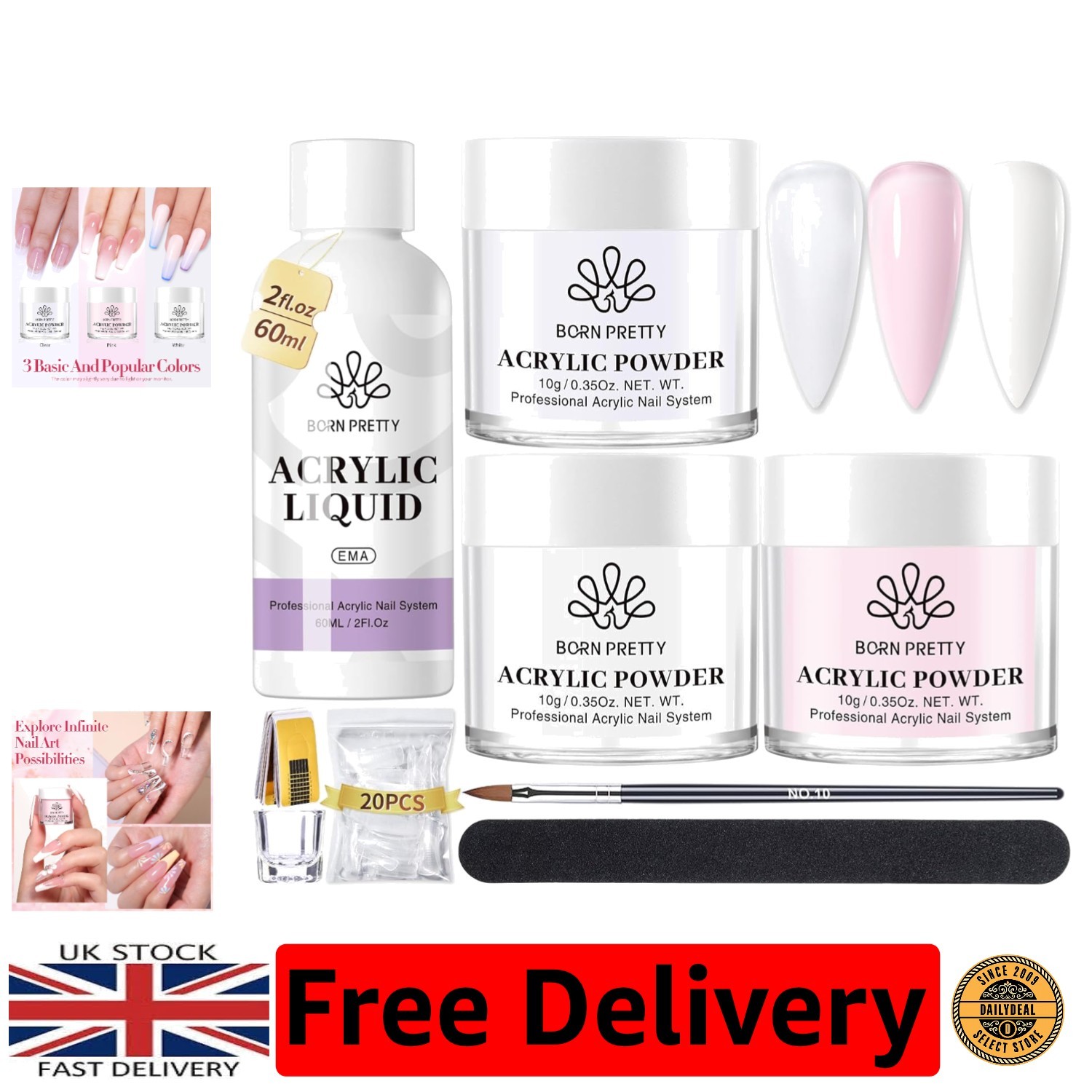 Luxury Acrylic Nail Kit: Pink, White, Clear Powder & Monomer for 40 Perfect Tips