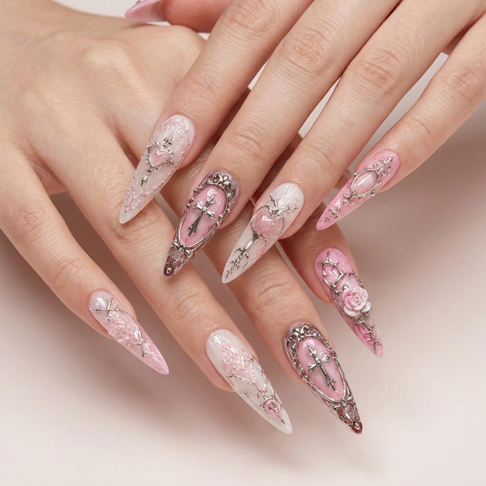 Handmade Gothic Pink 3D Rose Cross Heart Metal Long Stiletto Press on Nails