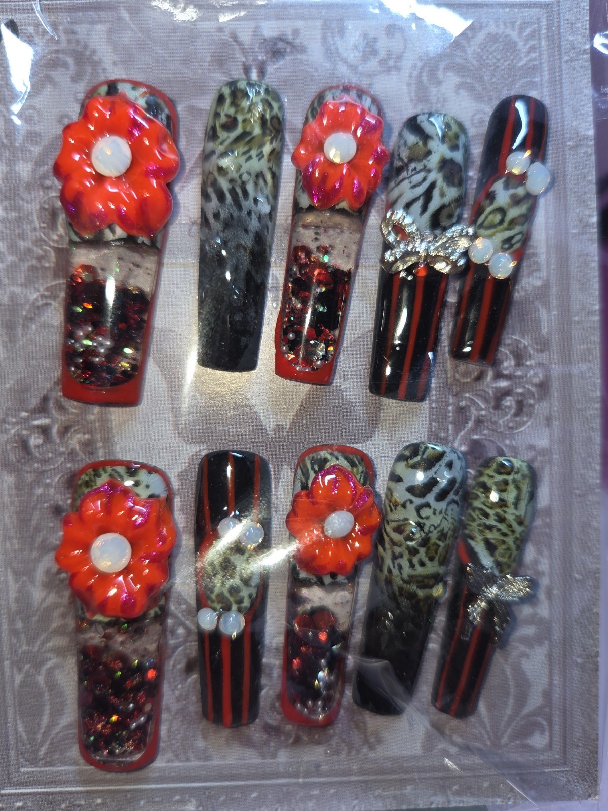Press On Nails Handmade Medium Red animal print, red flowers, water aqua. Nail