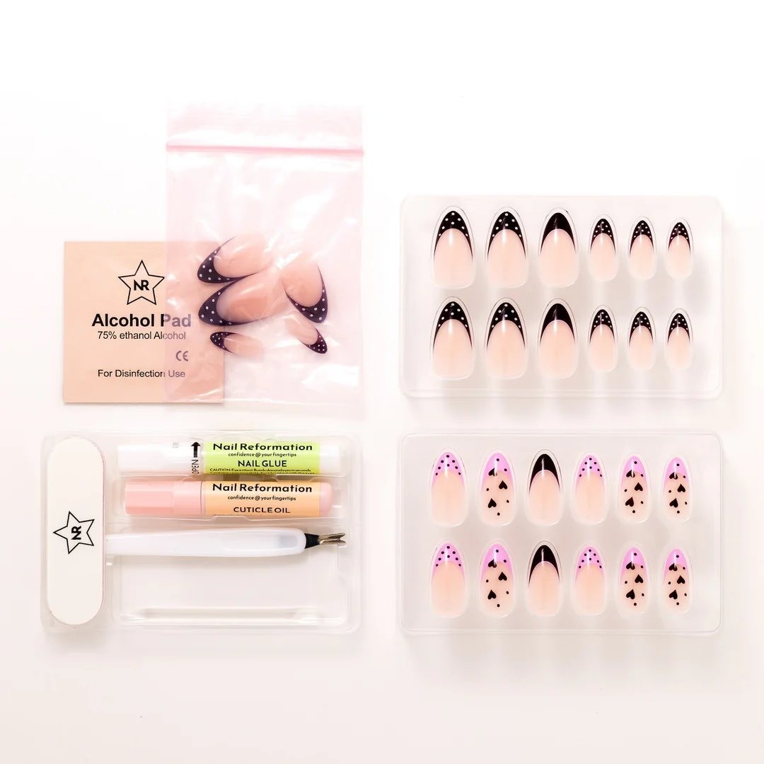 Nail Reformation Press On Nails Chocolate Kiss Heart Polka Dot Almond 30ct Kit