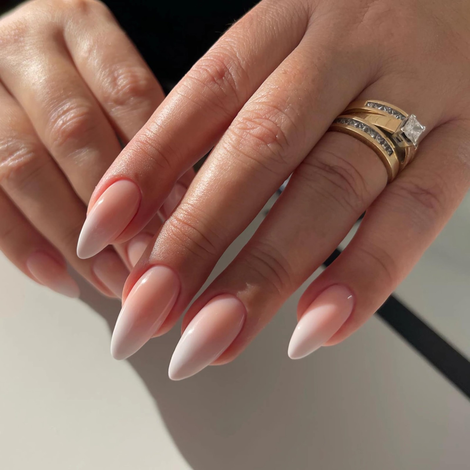Press on Nails Almond, Ombre Nude to White Fake Nails Medium Press Ons, Gloss…
