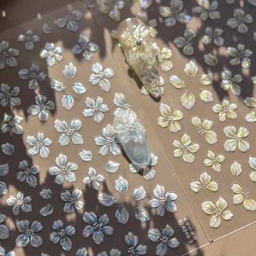 4 Sheets Flower Nail Art Stickers 5D Embossed Yellow Blue Colorful Flower 5