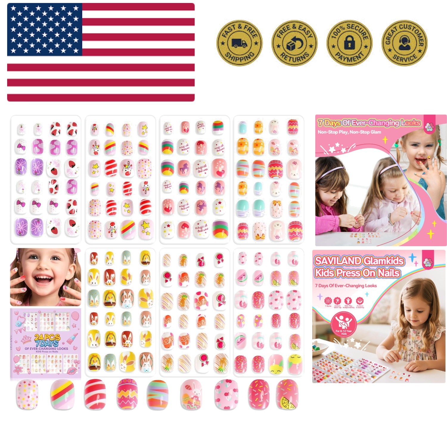 168Pcs 7 Pack Press on Nails for Kids: Funky-bright Fake Nails for Kids 8-12 …