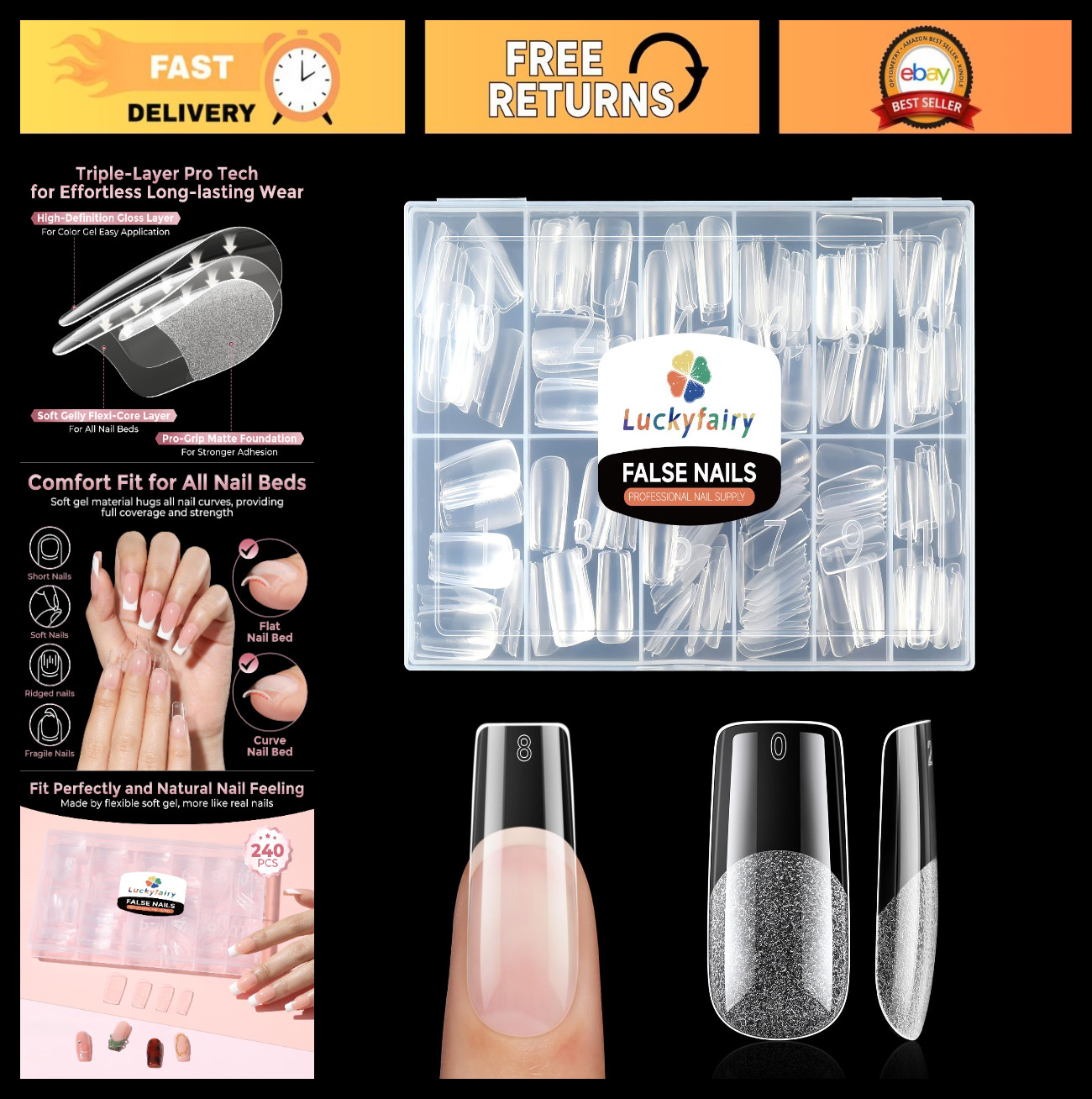 Medium Square Nail Tips 240pcs Soft Gel Acrylic Fake Nails Half Matte Full Cover