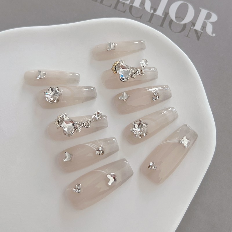 Pressure Nails 3D Love Diamond Crystal Nail Tips Stick on Nails with Nail Glue