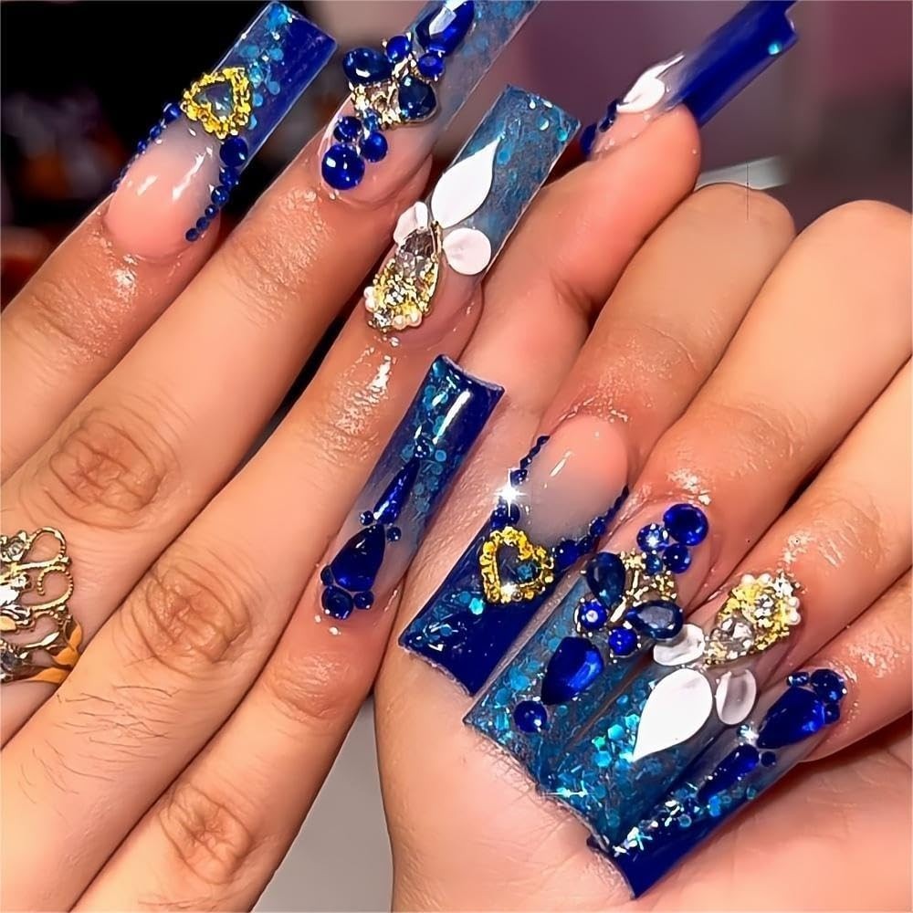 24pcs Long Coffin Acrylic Nails in Royal Blue with Rhinestones | Perfect Gift