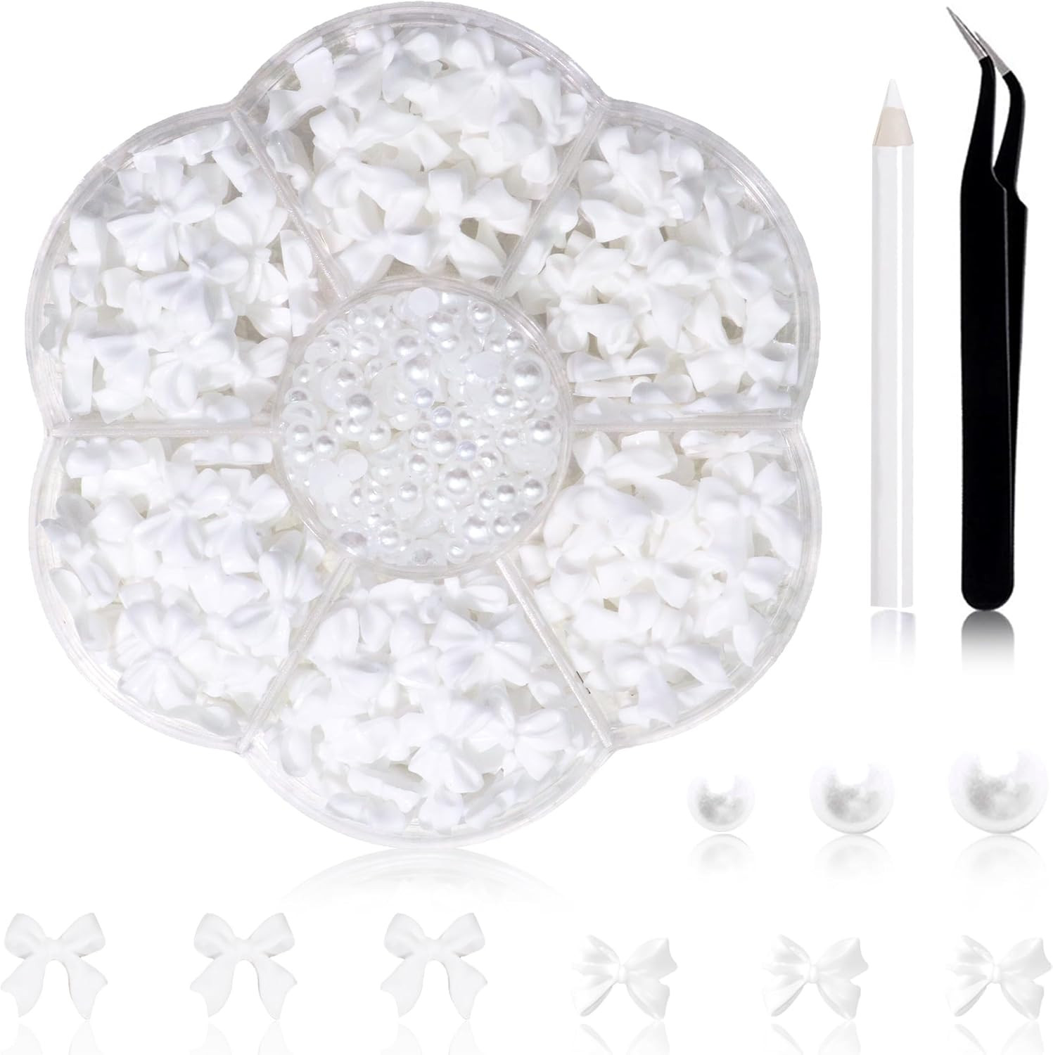 300Pcs Bow Nail Charms and Flatback Pearls,White Bowknot 3D Cute Nail Charms for