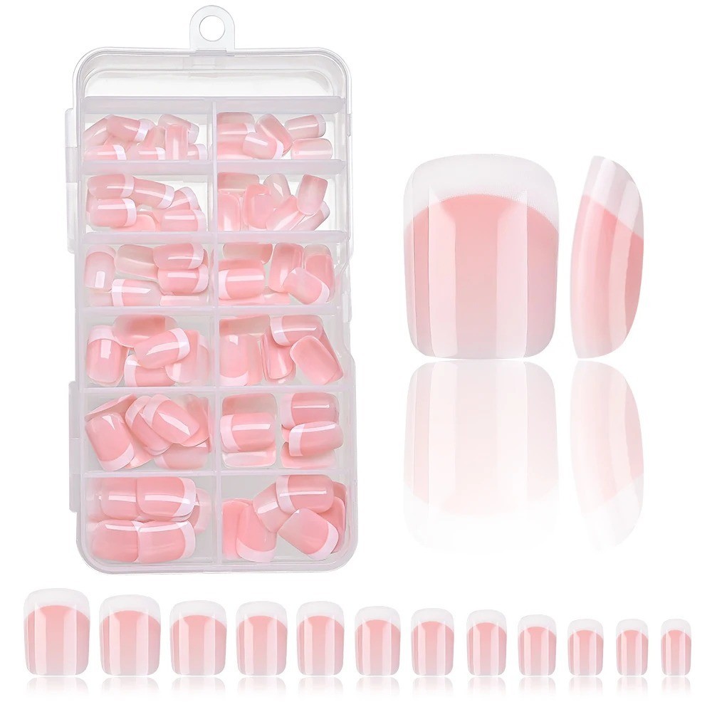 120Pcs Pink French Short Square Fake Nails 12-Sizes Full Cover Press On Nails We