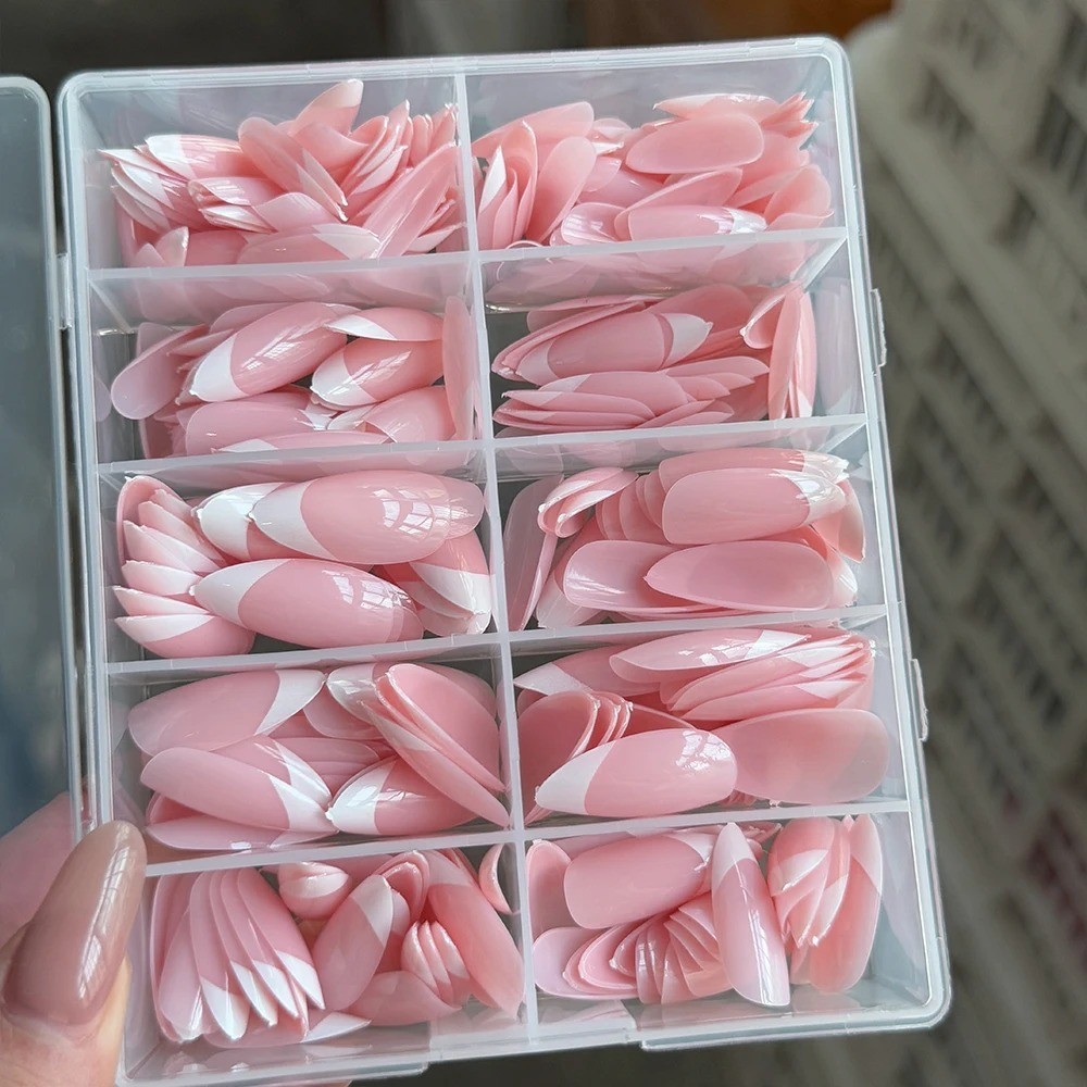 360/240/120pcs Light Pink Almond Press On Nails Glossy White French Fake Nail Si