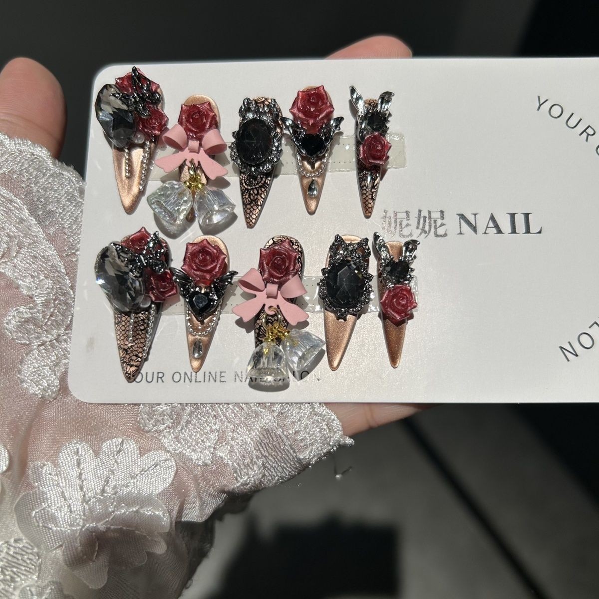 Gothic Cat Eye Rose Press On Nails Dark Handmade Detachable Design