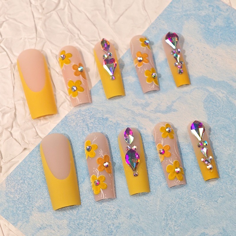 Nude To Yellow Ombre Coffin Press on Nails with 3D Flowers & Rainbow Rhinestones
