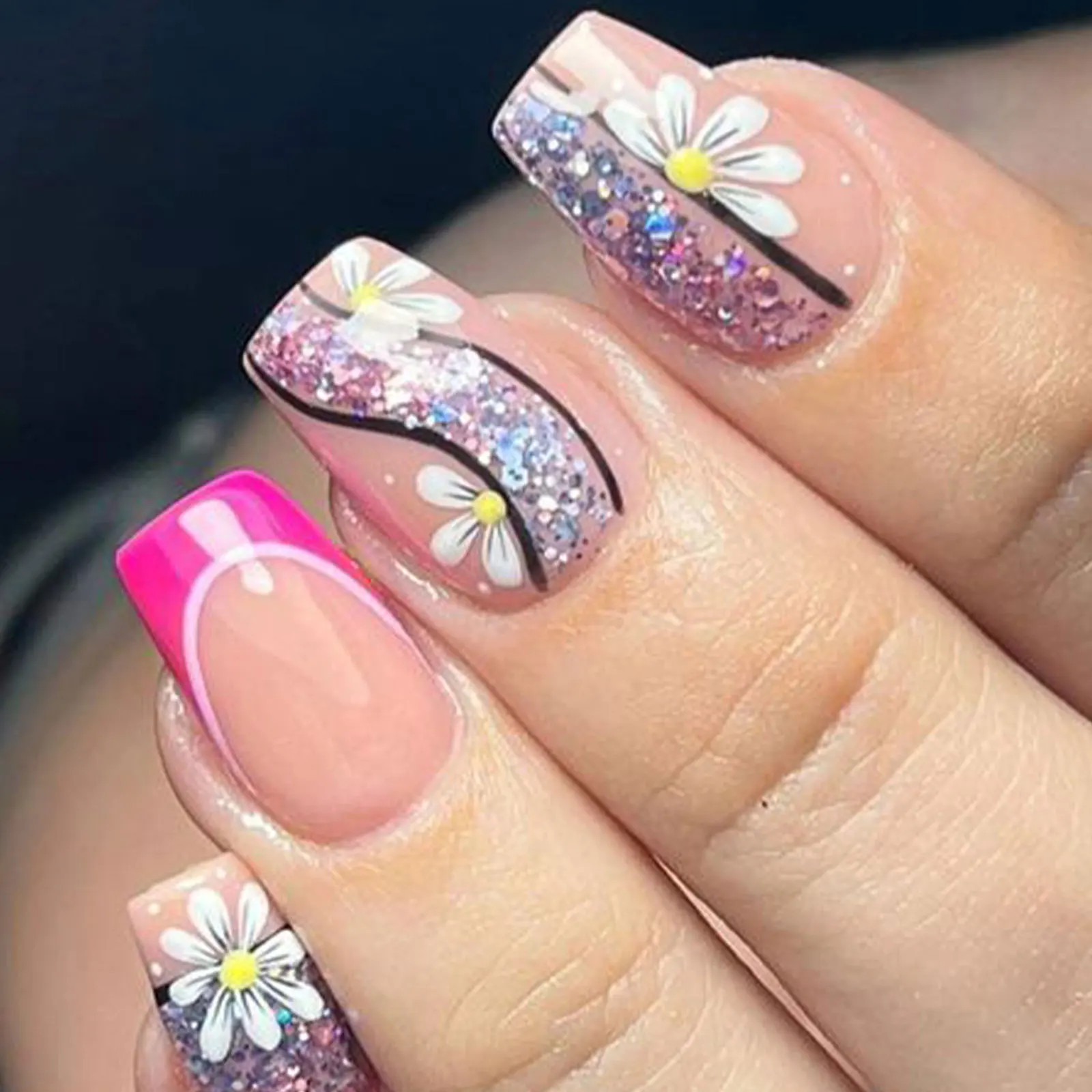 24pcs Set Short Square French Press On Nails Flower Butterfly Design Fake Nails
