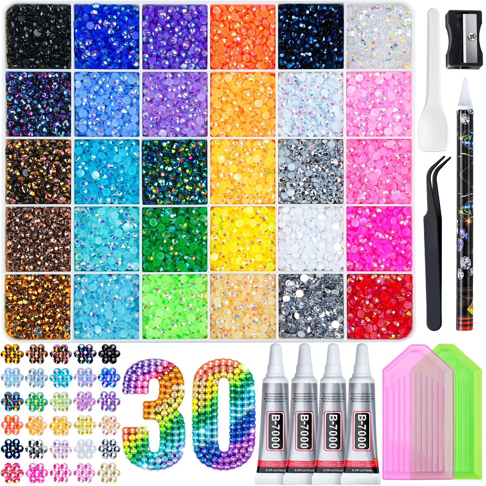LOTWOW 40000 Pcs Resin Jelly Rhinestones Kit 30 Colors 3mm Flatback Rhinestones